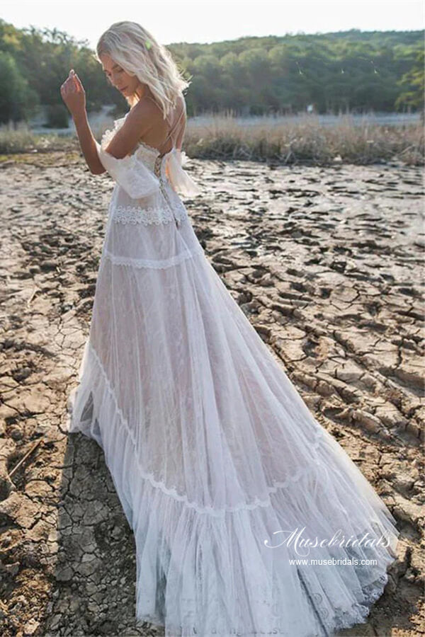 v neck off the shoulder wedding dress Tulle A-line V Neck Bohemian Lace Wedding Dresses,MW1045