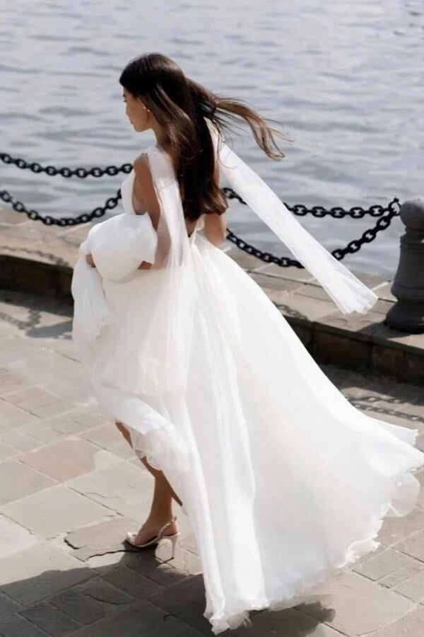 Tulle A Line Deep V Neck Beach Wedding Dress, MW1133 | Musebridals.com Tulle A Line Deep V Neck Beach Wedding Dress, MW1133 | Musebridals.com
