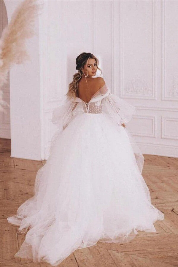 Tulle A Line Puff Sleeves Boho Wedding Dress, MW1308