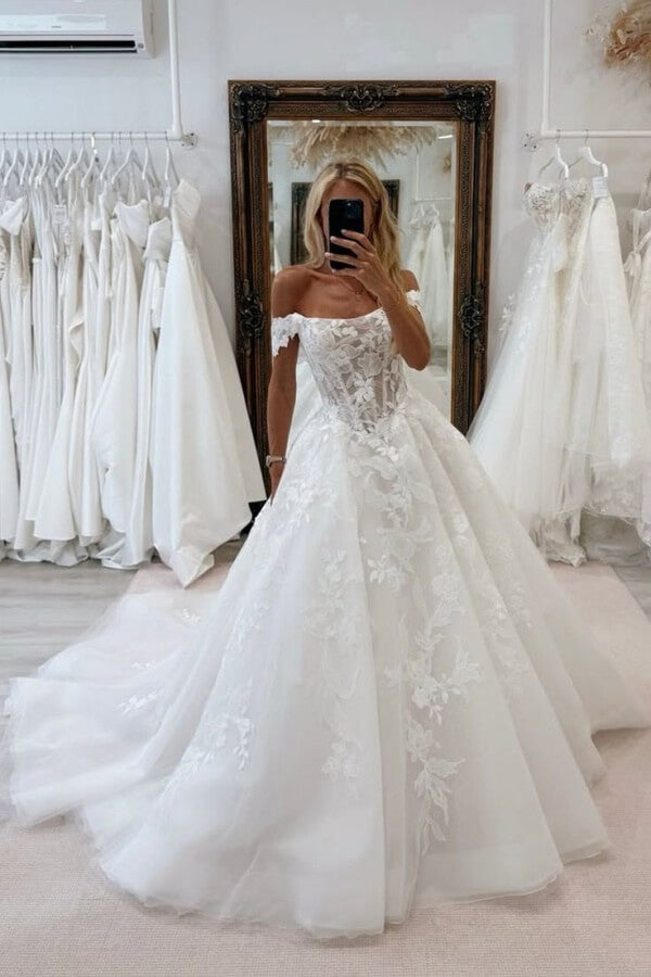 Tulle A Line Off Shoulder Lace Appliques Court Train Wedding Dresses, MW1218