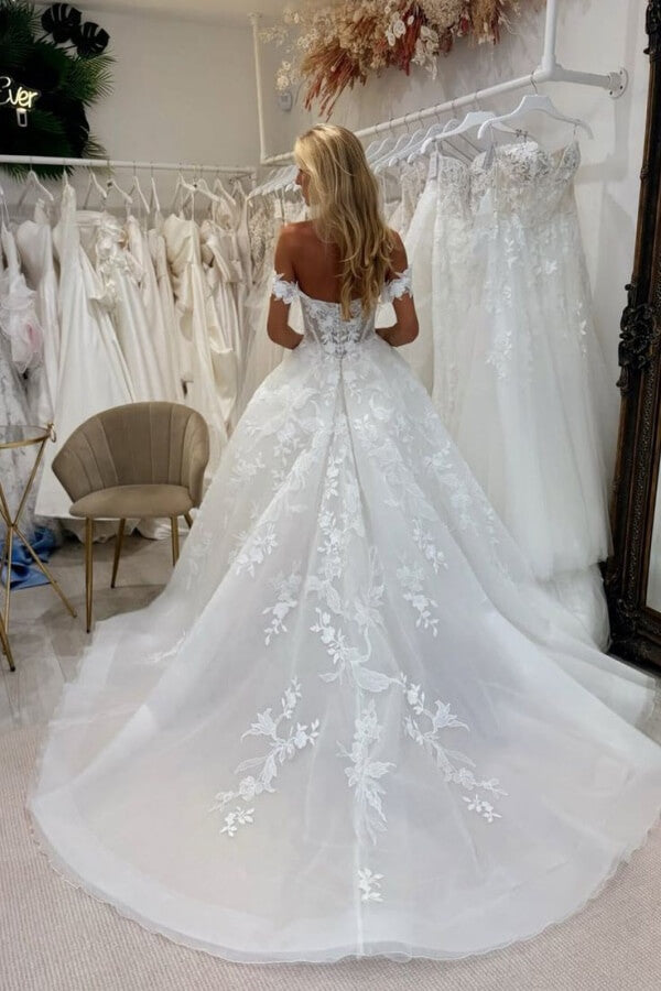 Tulle A Line Off Shoulder Lace Appliques Court Train Wedding Dresses, MW1218