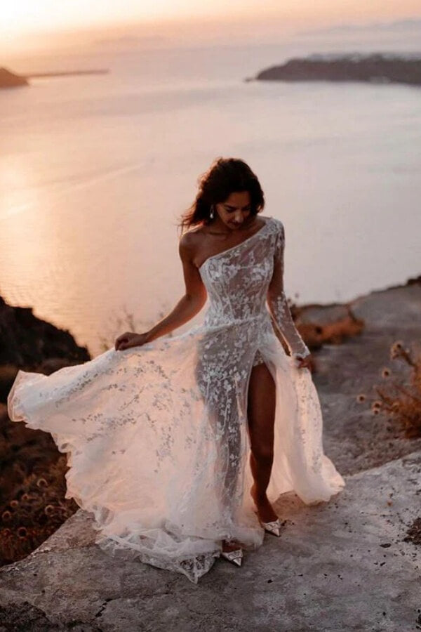 a line one shoulder wedding dress A-Line One-Shoulder Organza Sweep Train Wedding Dress With Appliques Lace, Diamond White / 8