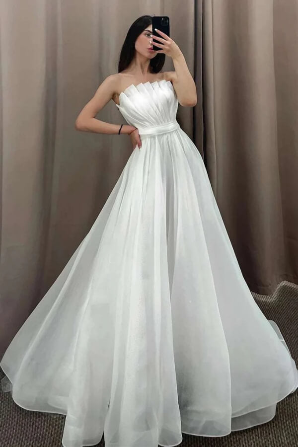 Tulle A Line Strapless Puff Sleeves Off Shoulder Flowy Wedding Dresses, MW1119 Tulle A Line Strapless Puff Sleeves Off Shoulder Flowy Wedding Dresses, MW1119