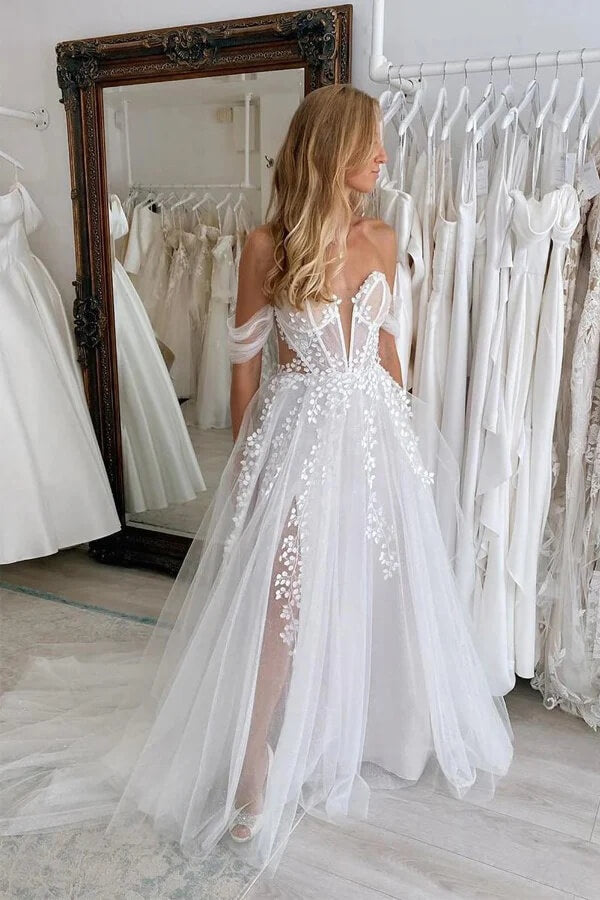 beach wedding dress sweetheart neckline Tulle A Line Neck Lace Appliques Dresses, MW1171 Khanum's - Kiris Dress Vacation Dress Size:36x30 Detachable Sleeves