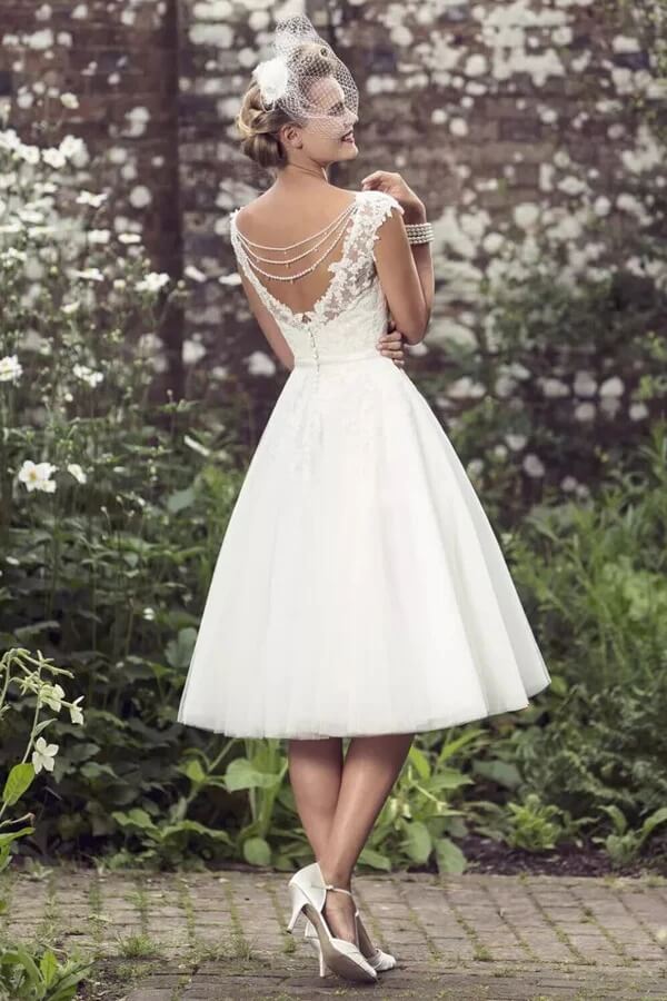 A Line Tea Length Lace Appliques Wedding Dress, MW1150 | Musebridals A Line Tea Length Lace Appliques Wedding Dress, MW1150 | Musebridals