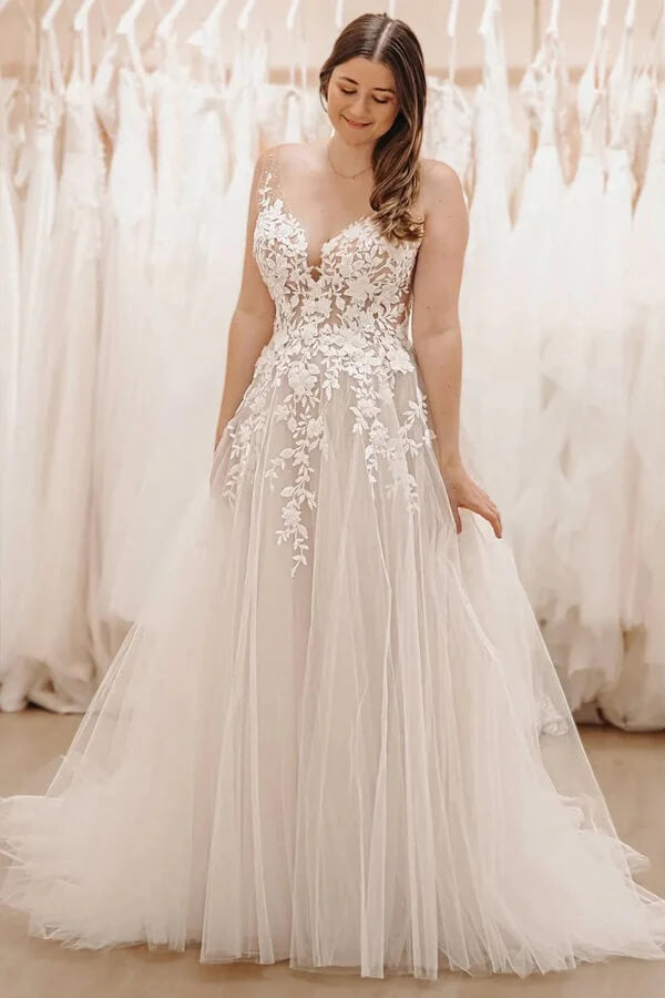 Tulle A Line V Neck Court Train Fairy Wedding Dress With Lace Appliques, MW1126 Tulle A Line V Neck Court Train Fairy Wedding Dress With Lace Appliques, MW1126
