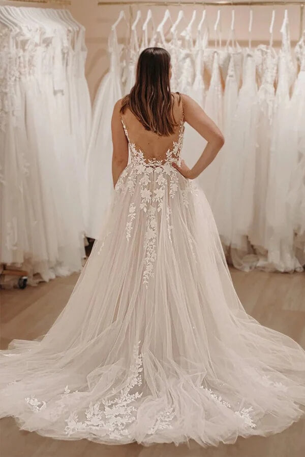 Tulle A Line V Neck Wedding Dress With Lace, MW1126