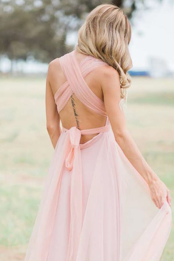 Tulle A Line V Neck Cross Back Long Bridesmaid Dresses, Bridal Party Dress,  MBD303