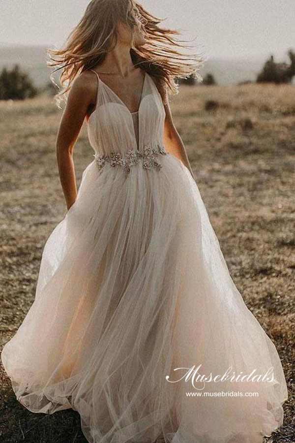 Tulle Beaded A-line V-neck Beach Wedding Dresses, MW984