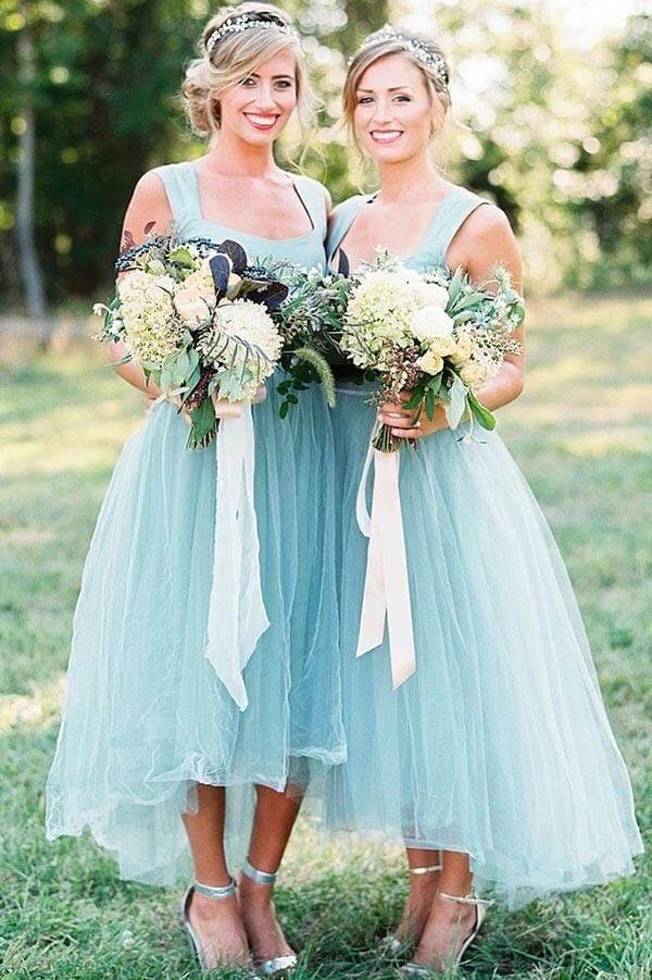 Tulle Beaded A-line Square Neck High-Low Simple Bridesmaid Dresses, MBD196