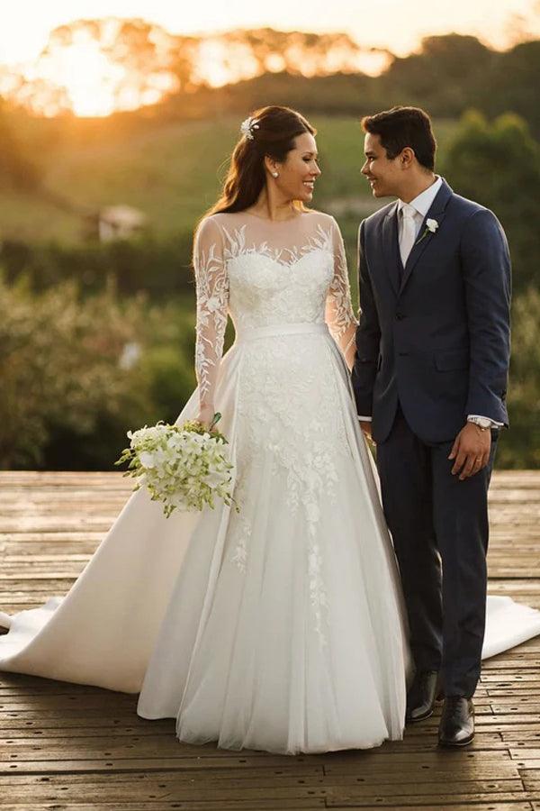 Tulle Lace Long Sleeves Rustic Wedding Dresses With Detachable Satin, MW860