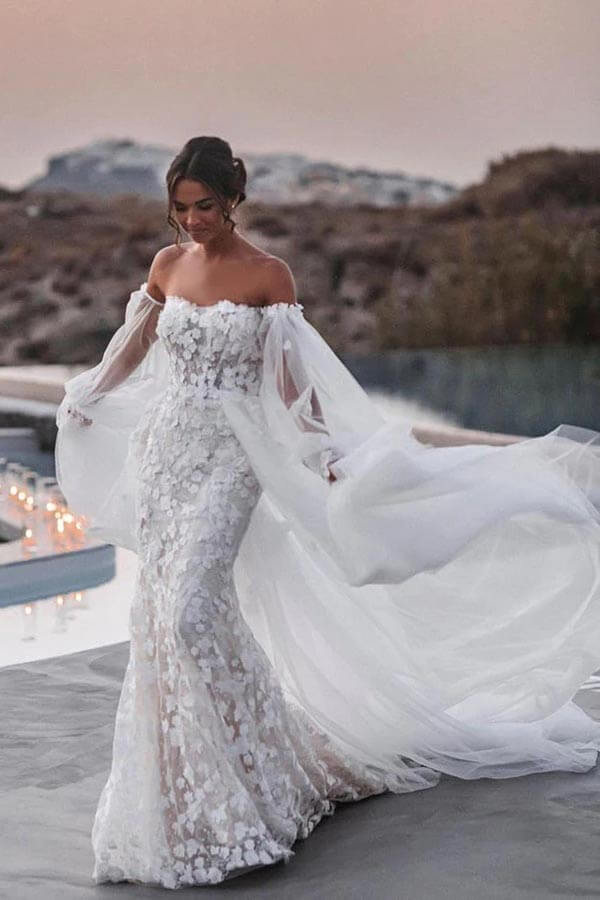 chinese dress ladies Elegant Long Cutout Lace Train Crepe Mermaid Wedding Dress main image 0