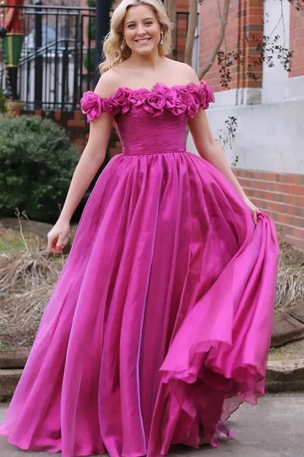Tulle Magenta A-line Off-the-Shoulder Prom Dresses With 3D Flowers, MP962 Tulle Magenta A-line Off-the-Shoulder Prom Dresses With 3D Flowers, MP962