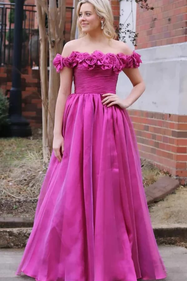 Tulle Magenta A-line Off-the-Shoulder Prom Dresses With 3D Flowers, MP962 | floral prom dress | pink prom dress | prom dress for girls | musebridals.com