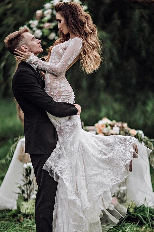 Tulle Mermaid Long sleeves Lace Wedding Dresses, MW1023