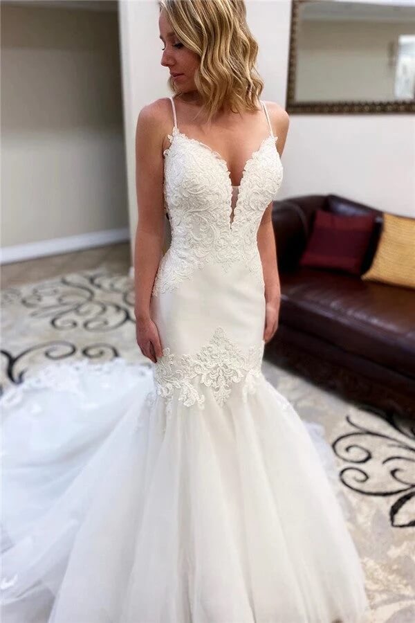 V-Neck Spaghetti Straps Lace Mermaid Wedding Dress Court Train WW259