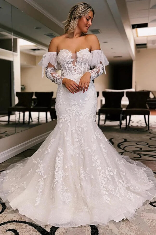 Tulle Mermaid Lace Wedding Dresses With Train, MW1011