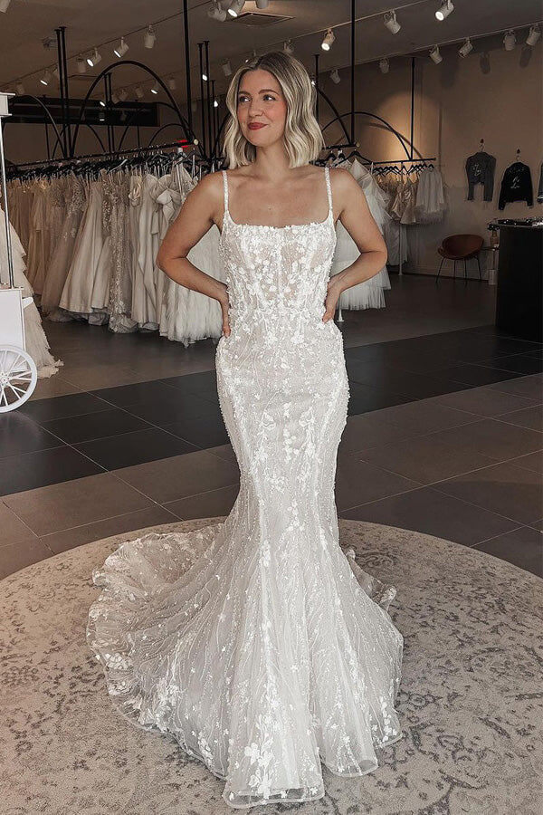 Tulle Mermaid Square Neck Lace Appliques Wedding Dresses With Train, MW1132 Tulle Mermaid Square Neck Lace Appliques Wedding Dresses With Train, MW1132