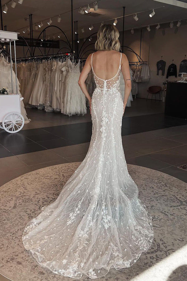 chinese dress ladies Tulle Mermaid Square Neck Lace Wedding Dress, MW1132