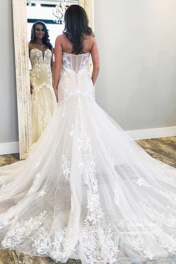 Tulle Mermaid Strapless Sweetheart Lace Appliques Wedding Dresses, MW995 Tulle Mermaid Strapless Sweetheart Lace Appliques Wedding Dresses, MW995