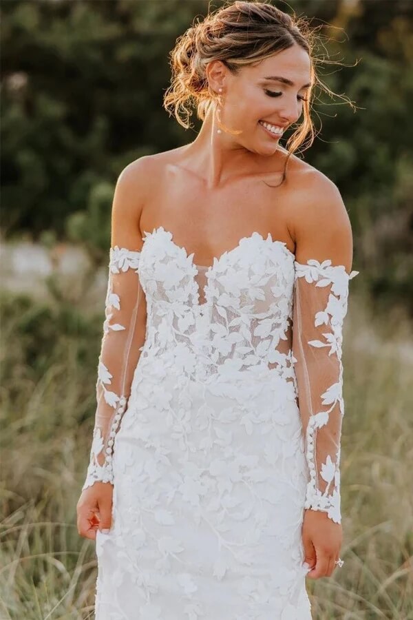 Tulle Mermaid Long Sleeves Lace Wedding Dresses, MW1014