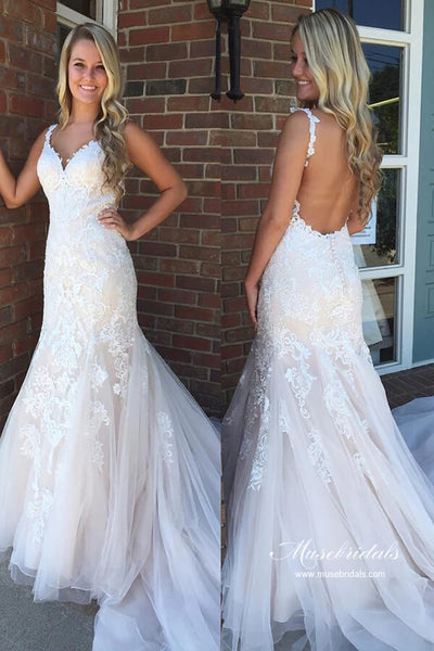 Tulle Mermaid V-neck Backless Lace Appliques Wedding Dress With Train, MW994