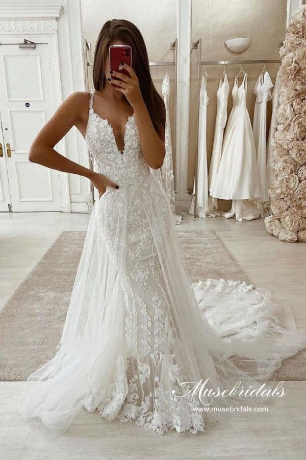 Tulle Mermaid V-neck Rustic Wedding Dresses With Detachable Train, MW973