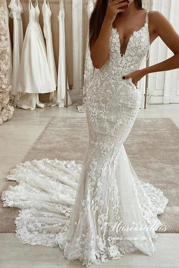 chinese dress ladies Tulle Lace Mermaid Beach Wedding Dresses With Detachable Train, MW899