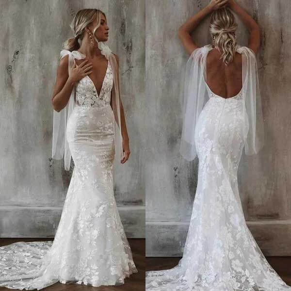 Stunning V-Neck Mermaid Wedding Dress with Lace, Tulle, and Appliques Gown main image 1
