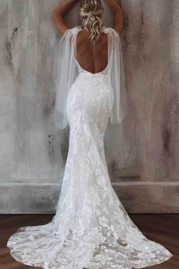 Mermaid V Neck Tulle Lace Wedding Dresses VK23091303