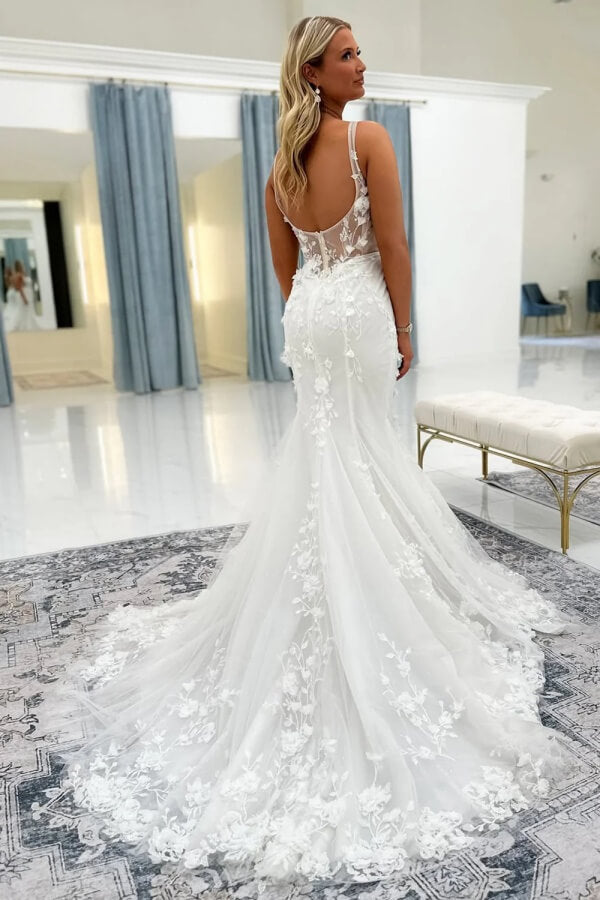 mermaid court train wedding dress Tulle Mermaid V Neck Lace Appliques Court Train Wedding Dresses, MW1161