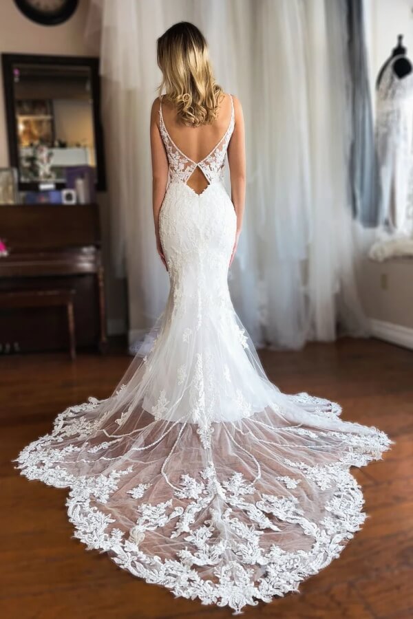 Mermaid V Neck Wedding Dress With Appliques, MW1153
