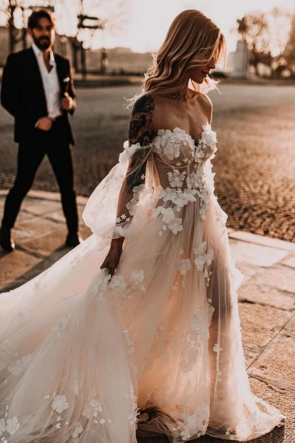 Tulle Off Shoulder Long Sleeves Wedding Dresses With Lace Appliques, MW1088 Tulle Off Shoulder Long Sleeves Wedding Dresses With Lace Appliques, MW1088