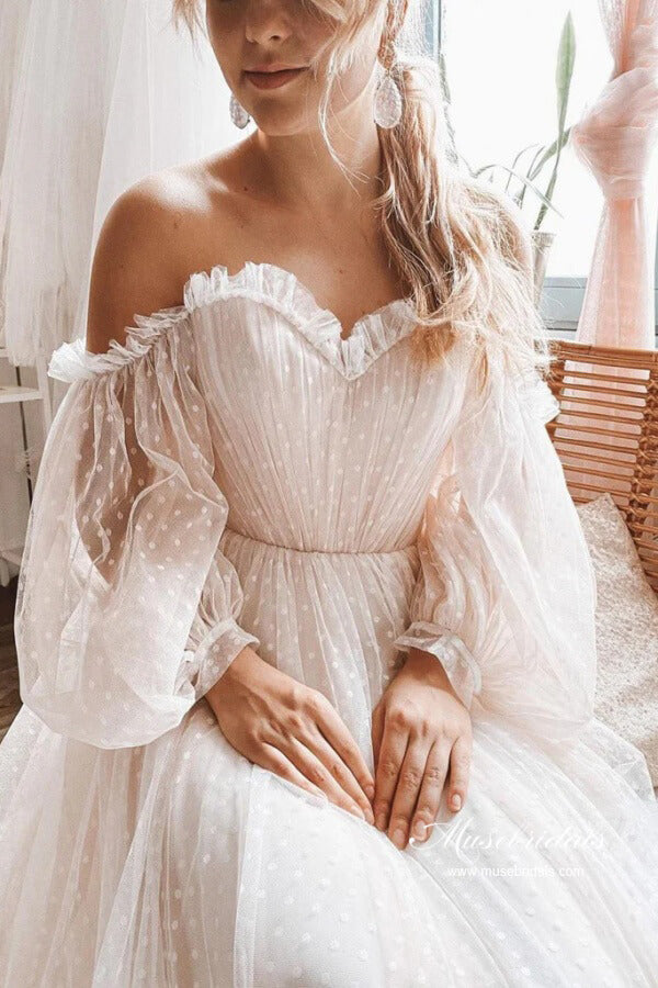 Tulle Polka Dots Off Shoulder Long Sleeves Boho Wedding Dresses, MW1051