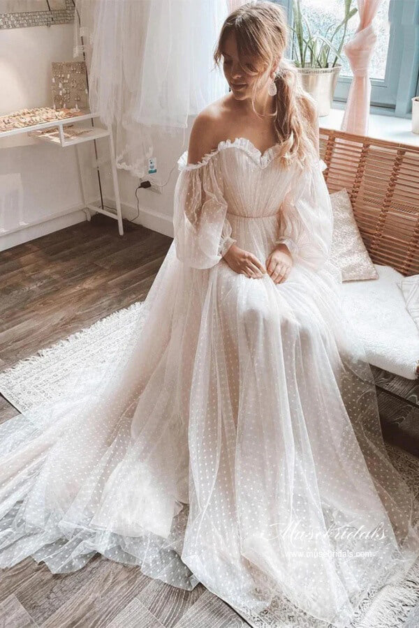 Tulle Polka Dots Off Shoulder Long Sleeves Boho Wedding Dresses, MW1051