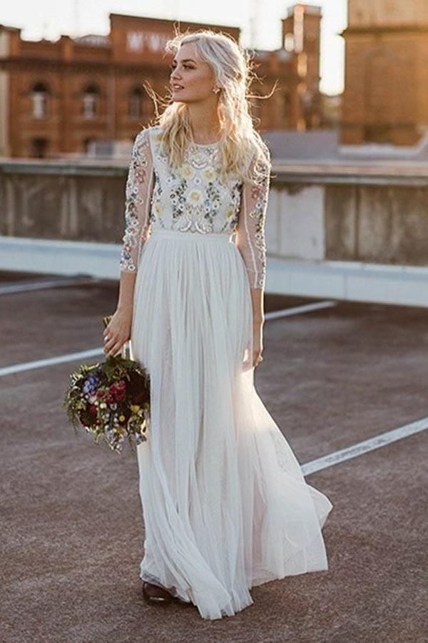 Tulle Round Neck Lace Florwers Wedding Dresses, MW1031 | Musebridals Tulle Round Neck Lace Florwers Wedding Dresses, MW1031 | Musebridals