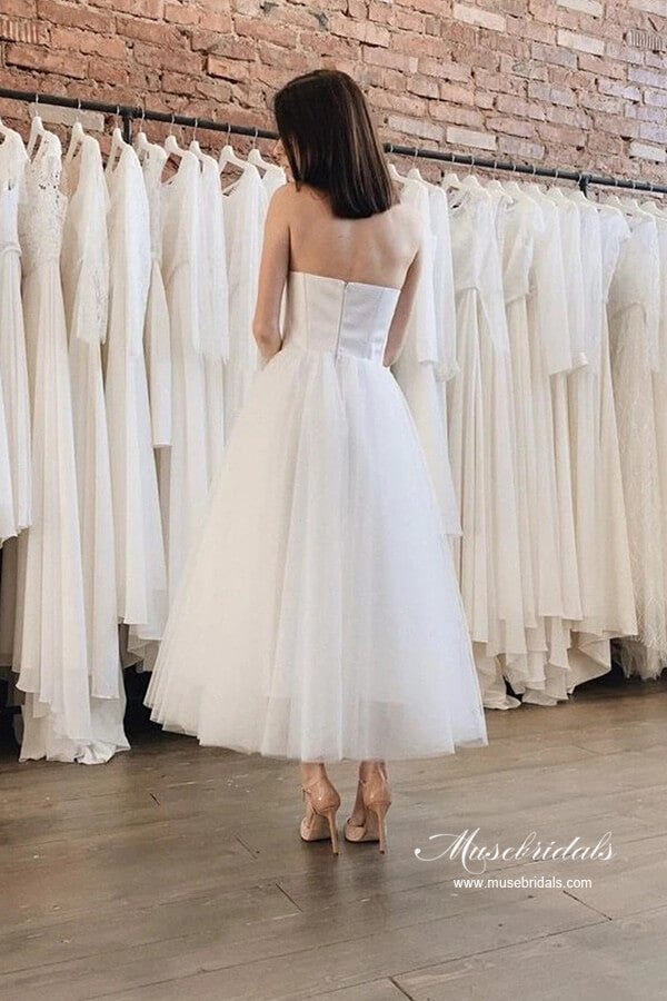 Tulle Satin Ankle Length Strapless Short Wedding Dresses, Bridal Dress, MW970 Tulle Satin Ankle Length Strapless Short Wedding Dresses, Bridal Dress, MW970