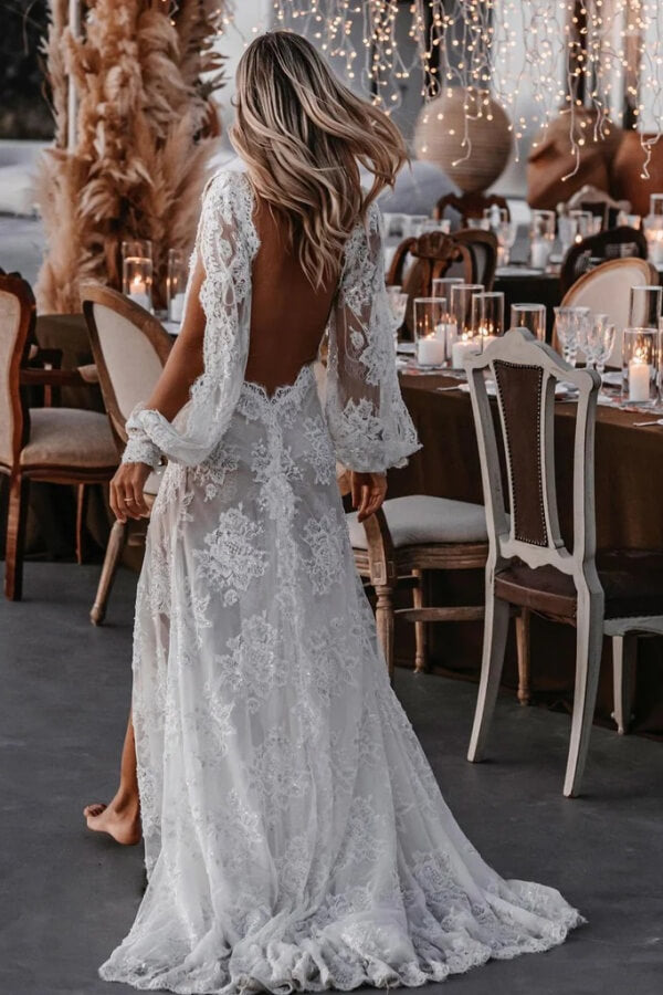 Sheath Beaded Lace Long Sleeve Wedding Dress, MW1046 | Musebridals Sheath Beaded Lace Long Sleeve Wedding Dress, MW1046 | Musebridals