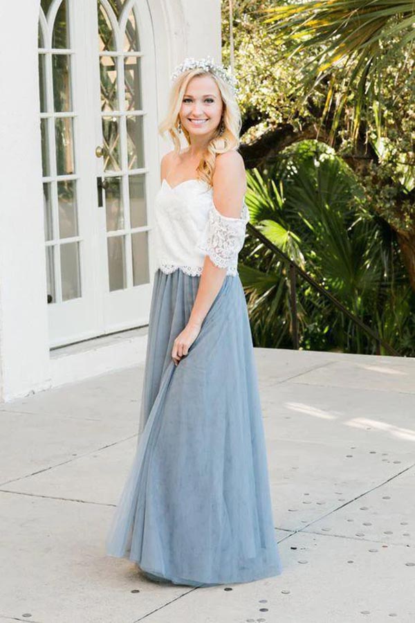 Tulle Two Piece Off-the-Shoulder Floor Length Lace Bridesmaid Dresses, MBD207 Tulle Two Piece Off-the-Shoulder Floor Length Lace Bridesmaid Dresses, MBD207