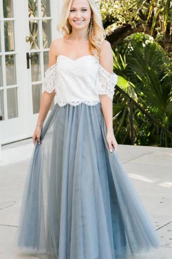 Tulle Two Piece Off-the-Shoulder Floor Length Lace Bridesmaid Dresses, MBD207 Tulle Two Piece Off-the-Shoulder Floor Length Lace Bridesmaid Dresses, MBD207