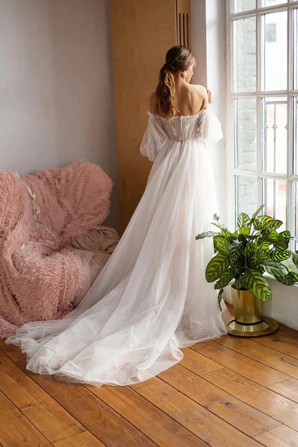 Tulle Polka Dots Off Shoulder Boho Wedding Dress, MW1051 | Musebridals Tulle Polka Dots Off Shoulder Boho Wedding Dress, MW1051 | Musebridals