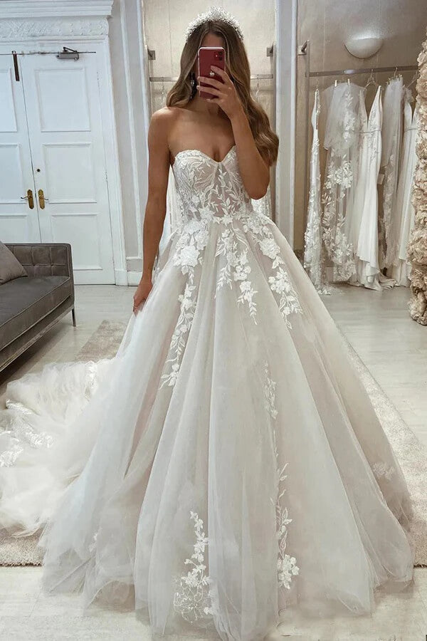 Unique Tulle A Line Off-the-Shoulder Long Sleeve Princess Wedding Dresses, MW1192