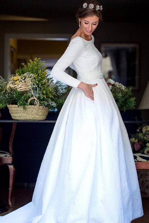 White Ball Gown Long Sleeves Backless Wedding Dresses With Pocket, MW968 White Ball Gown Long Sleeves Backless Wedding Dresses With Pocket, MW968