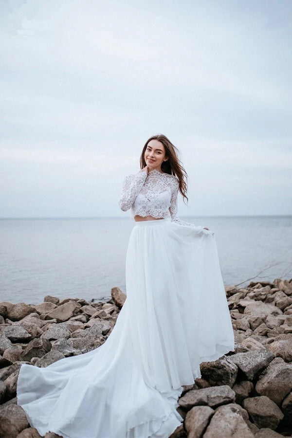 blue dress for baby girl White Chiffon A Line Two Piece Beach Wedding Dresses, Bridal Gown, MW1152