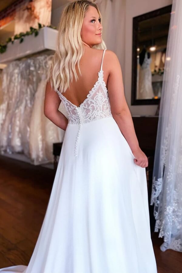 White Chiffon A Line V Neck Lace Wedding Dresses, MW1129