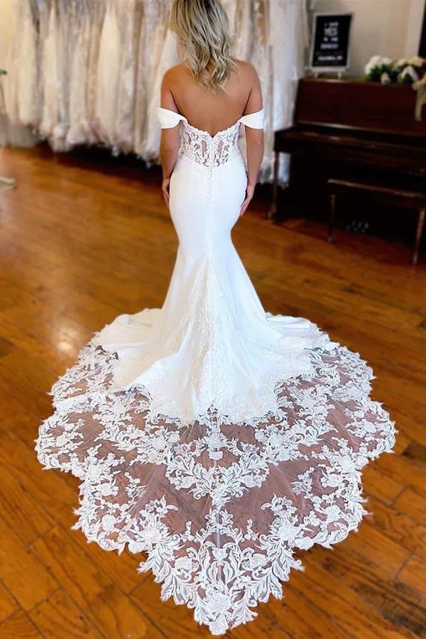 White Mermaid Satin Lace Off Shoulder Wedding Dresses With Train, MW868 White Mermaid Satin Lace Off Shoulder Wedding Dresses With Train, MW868