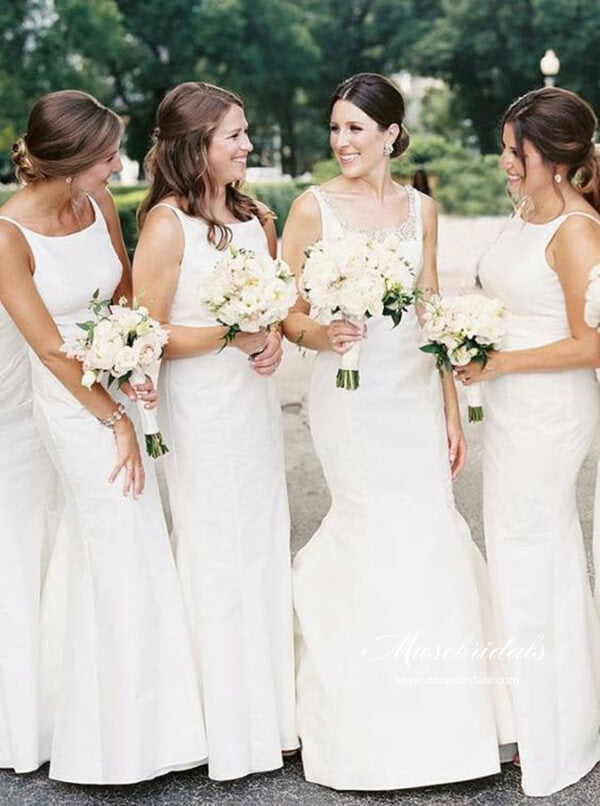 White Satin Mermaid Scoop Neck Modest Bridesmaid Dresses With Train, MBD262 White Satin Mermaid Scoop Neck Modest Bridesmaid Dresses With Train, MBD262