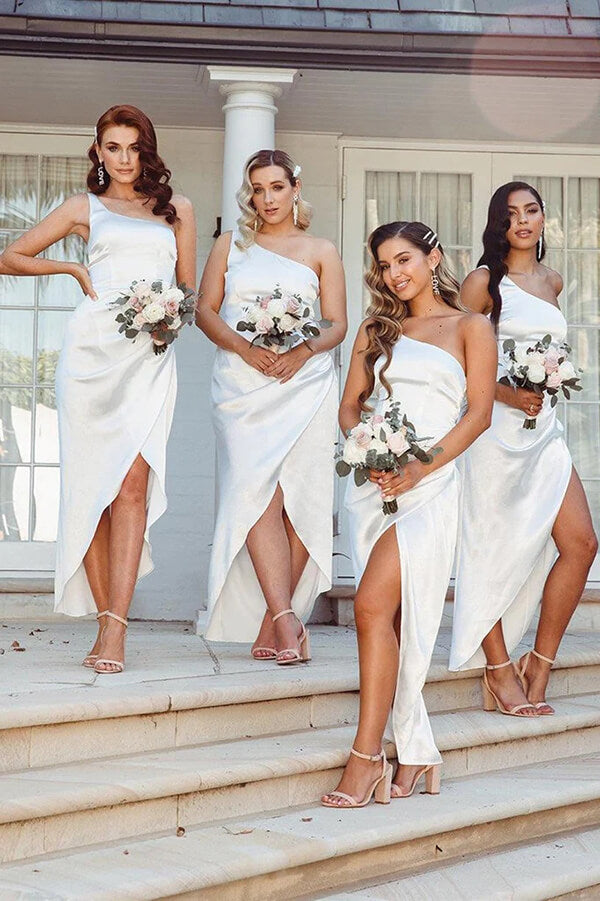 open lace back dress White Satin One Shoulder Bridesmaid Dresses, Wedding Party Dresses, MBD188