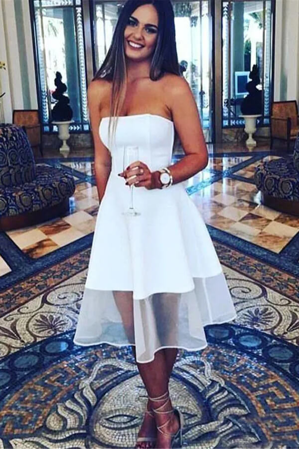 White Strapless A-line Knee-Length Homecoming Dress, Graduation Dress, MH590