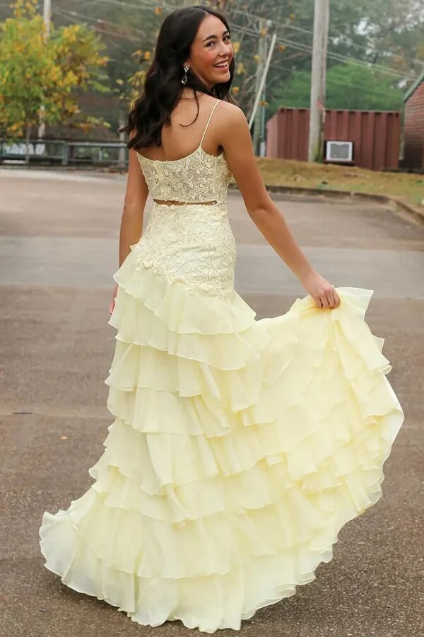 Yellow Chiffon A-line Layered Spaghetti Straps Long Prom Dress With Slit, MP1001 Yellow Chiffon A-line Layered Spaghetti Straps Long Prom Dress With Slit, MP1001